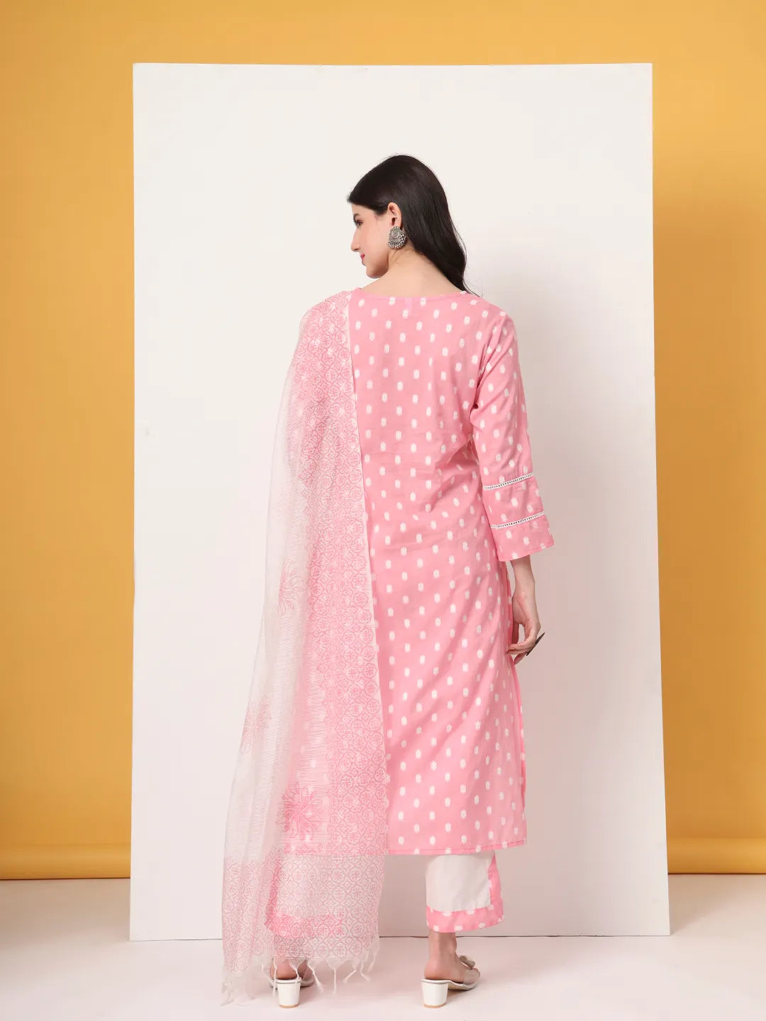 Pink And White Cotton Straight Kurta Dupatta Set