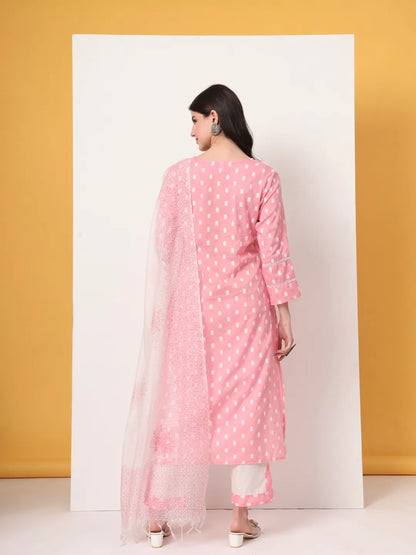Pink And White Cotton Straight Kurta Dupatta Set
