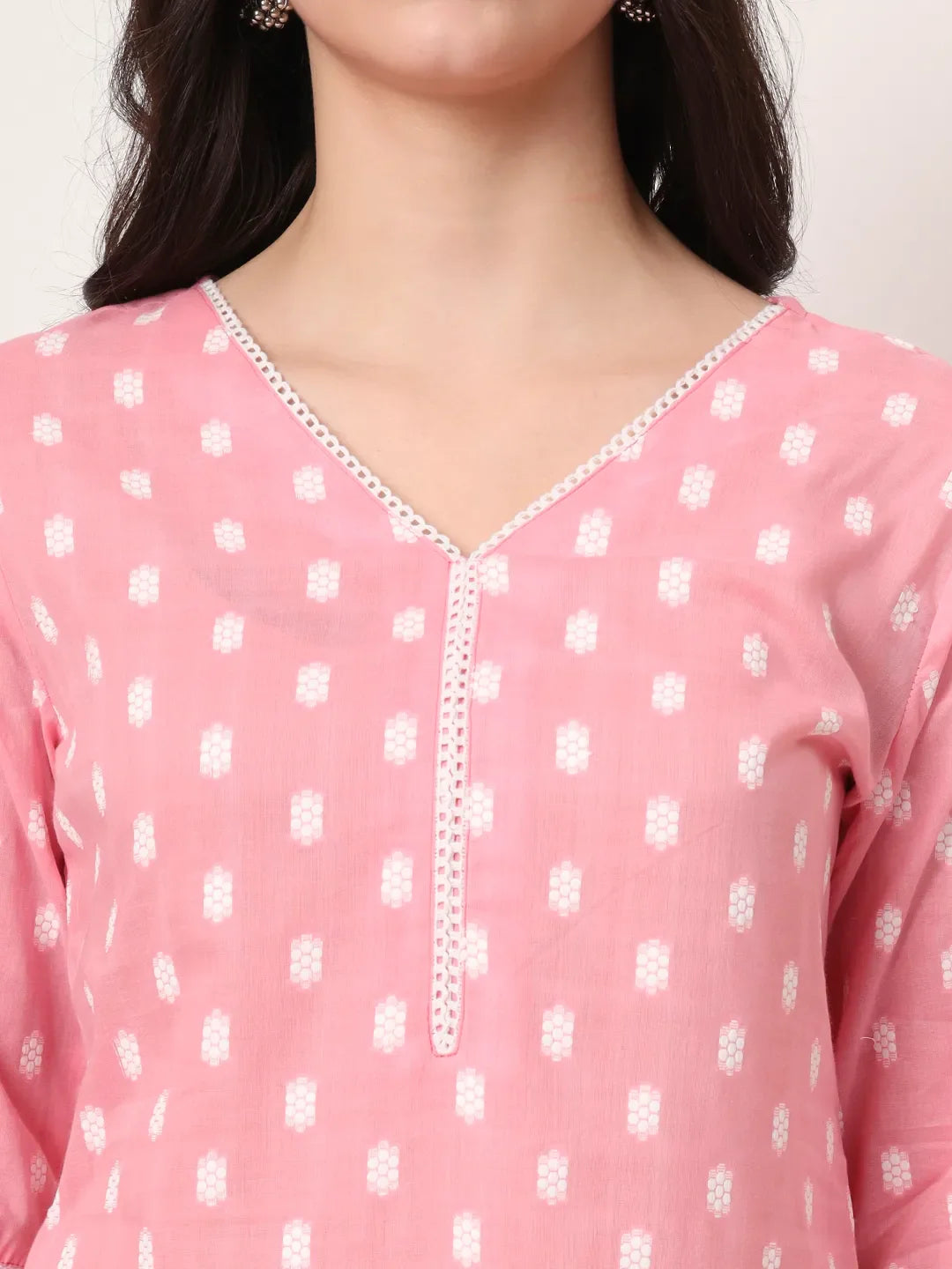 Pink And White Cotton Straight Kurta Dupatta Set