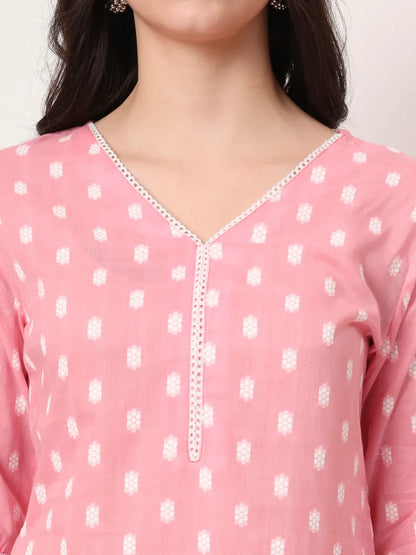 Pink And White Cotton Straight Kurta Dupatta Set