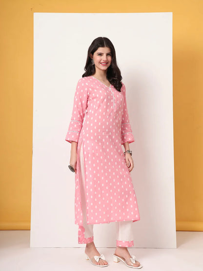 Pink And White Cotton Straight Kurta Dupatta Set