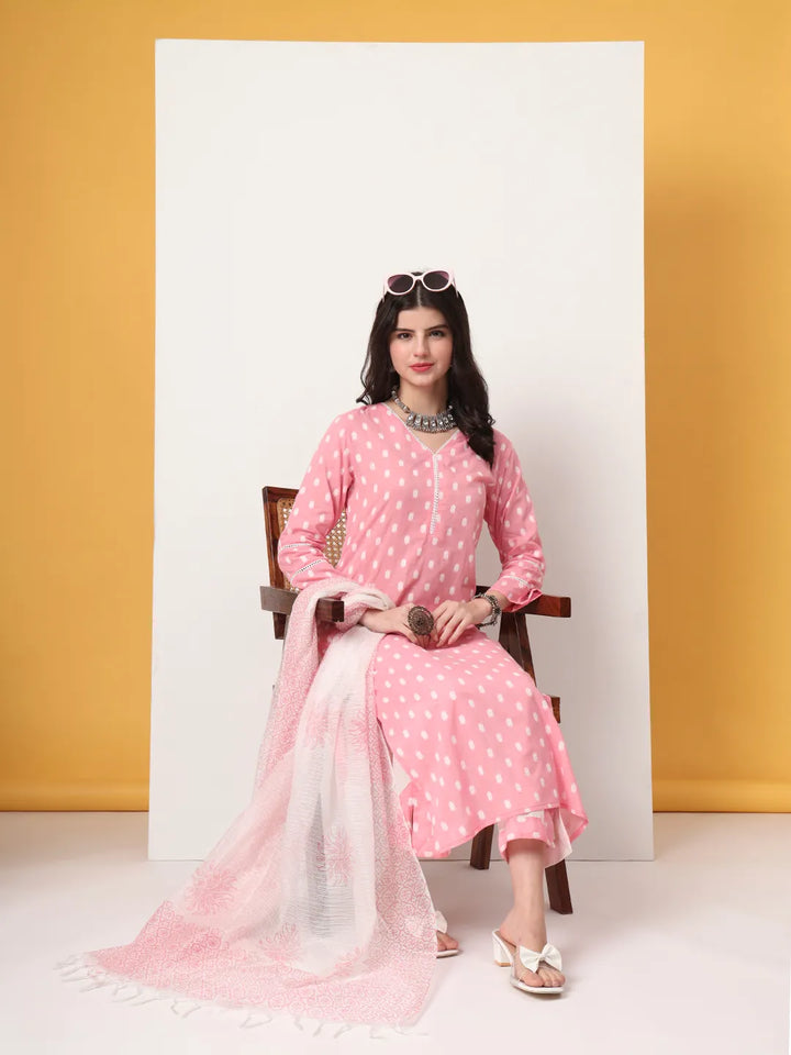 Pink And White Cotton Straight Kurta Dupatta Set