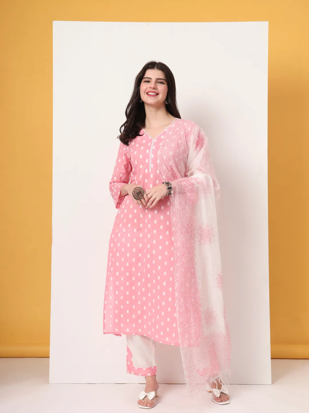 Pink And White Cotton Straight Kurta Dupatta Set