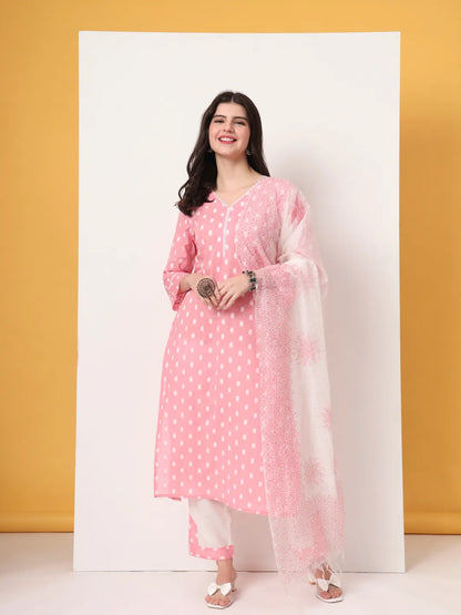 Pink And White Cotton Straight Kurta Dupatta Set