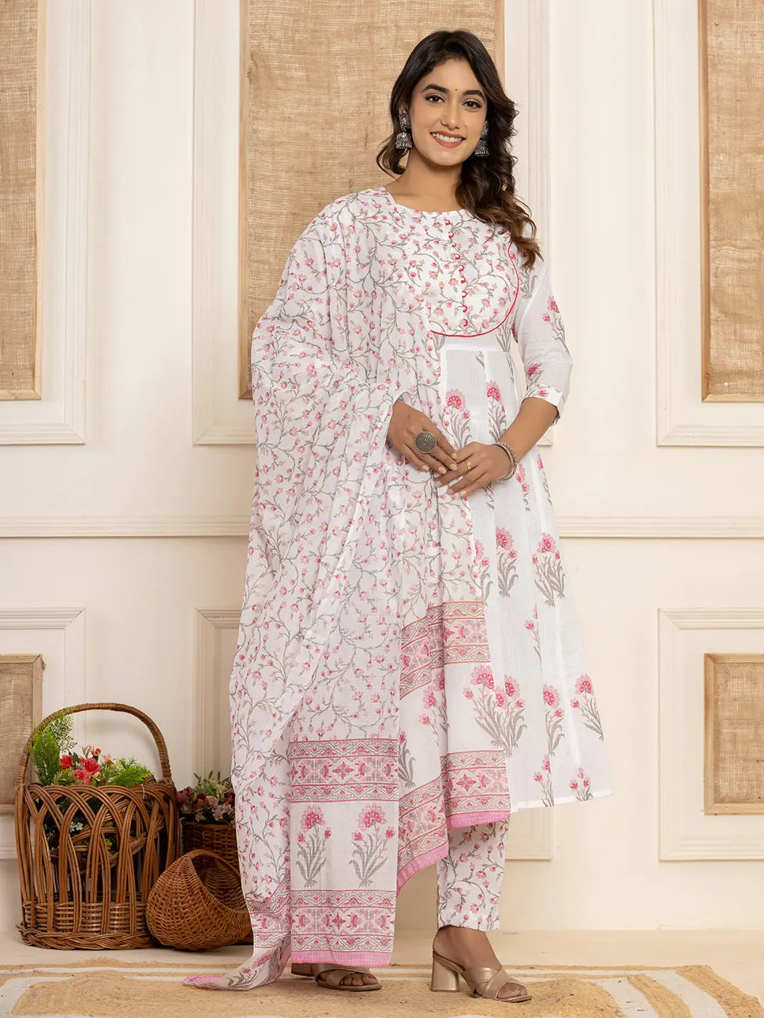 Pink And White Floral Print Piping Anarkali Style Kurta And Trousers With Dupatta Set