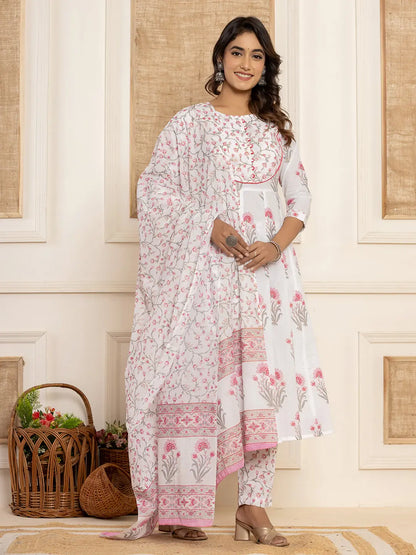 Pink And White Floral Print Piping Anarkali Style Kurta And Trousers With Dupatta Set