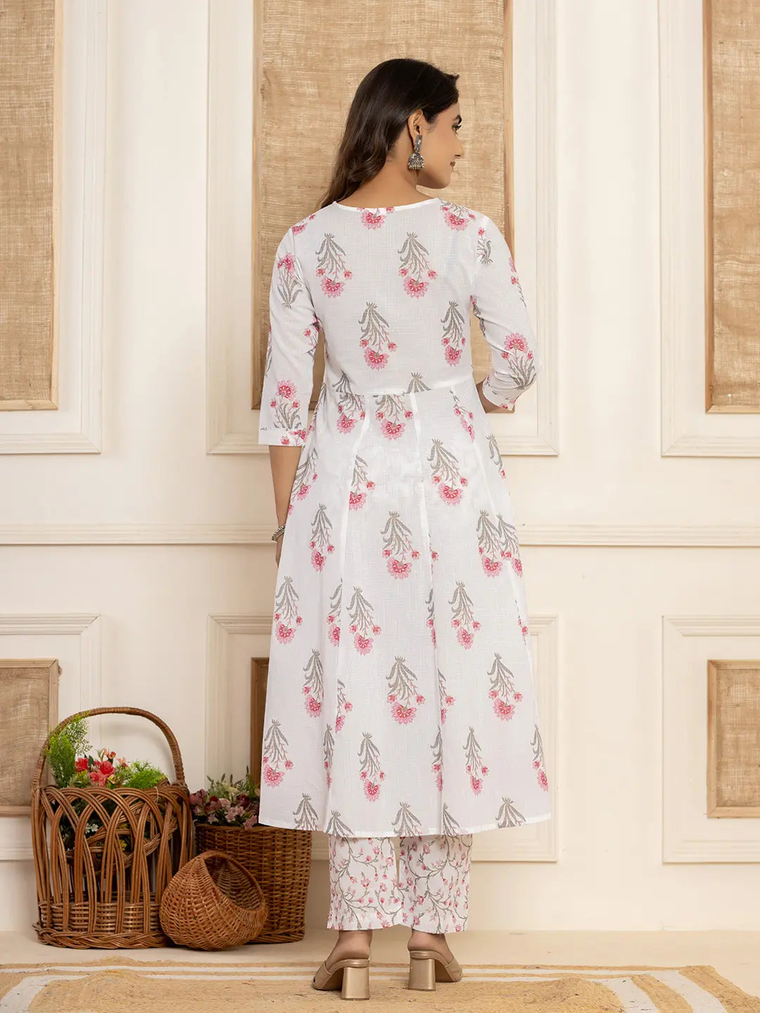 Pink And White Floral Print Piping Anarkali Style Kurta And Trousers With Dupatta Set