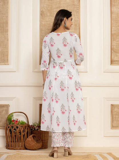 Pink And White Floral Print Piping Anarkali Style Kurta And Trousers With Dupatta Set