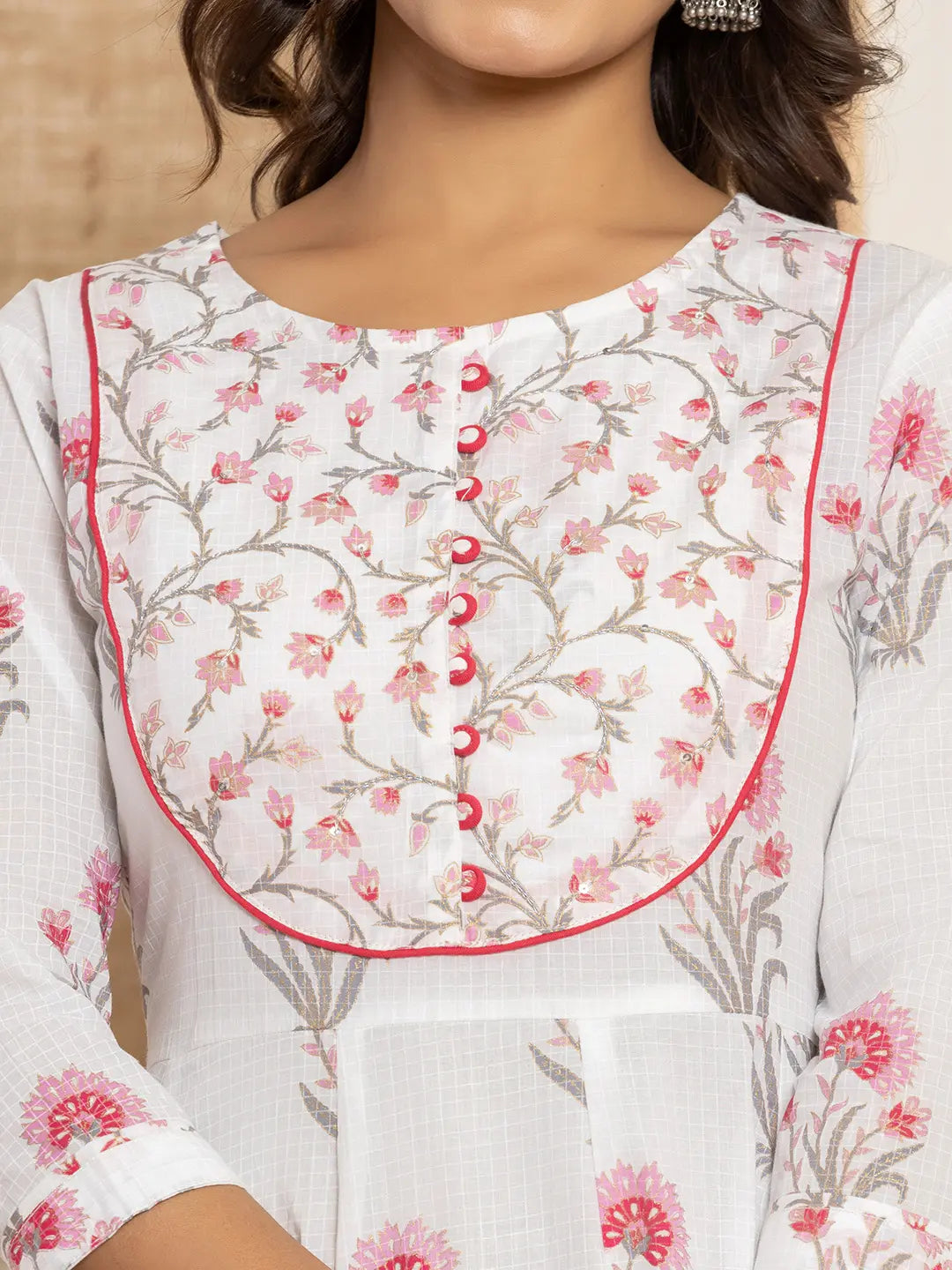 Pink And White Floral Print Piping Anarkali Style Kurta And Trousers With Dupatta Set