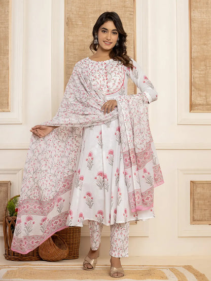 Pink And White Floral Print Piping Anarkali Style Kurta And Trousers With Dupatta Set