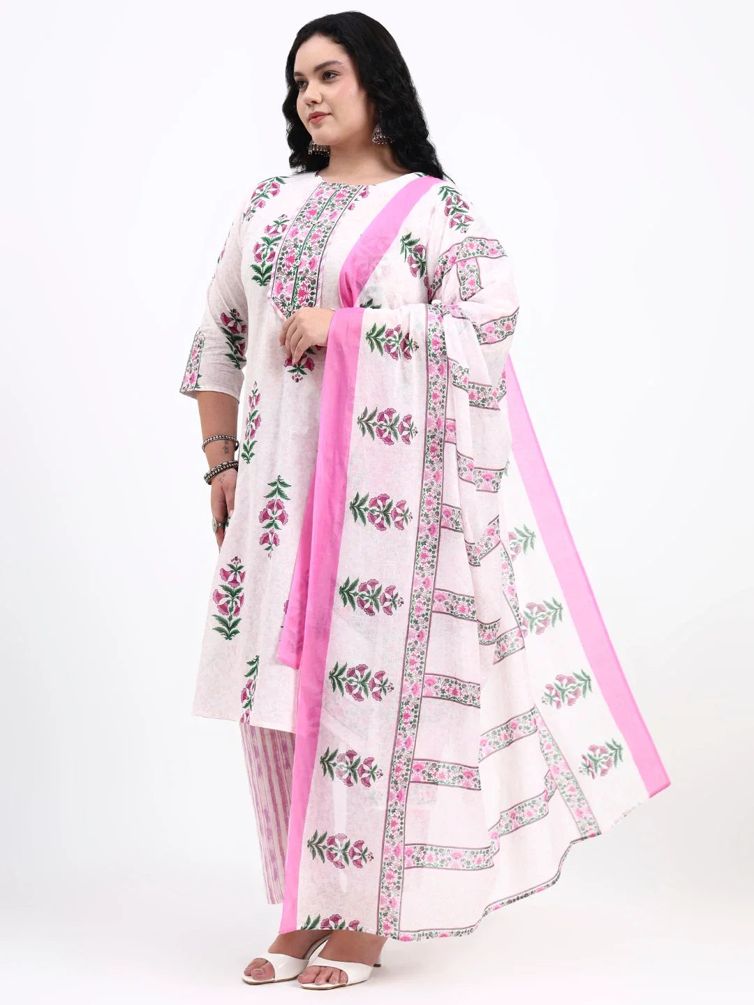 Pink And White Pure Cotton Floral Kurta Dupatta Set