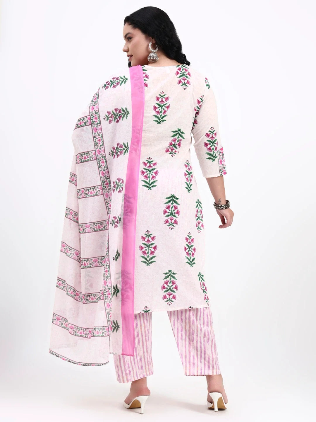 Pink And White Pure Cotton Floral Kurta Dupatta Set