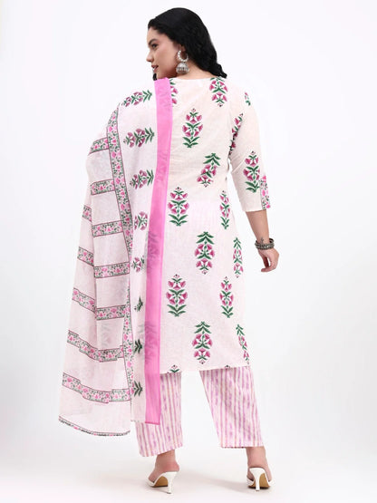 Pink And White Pure Cotton Floral Kurta Dupatta Set