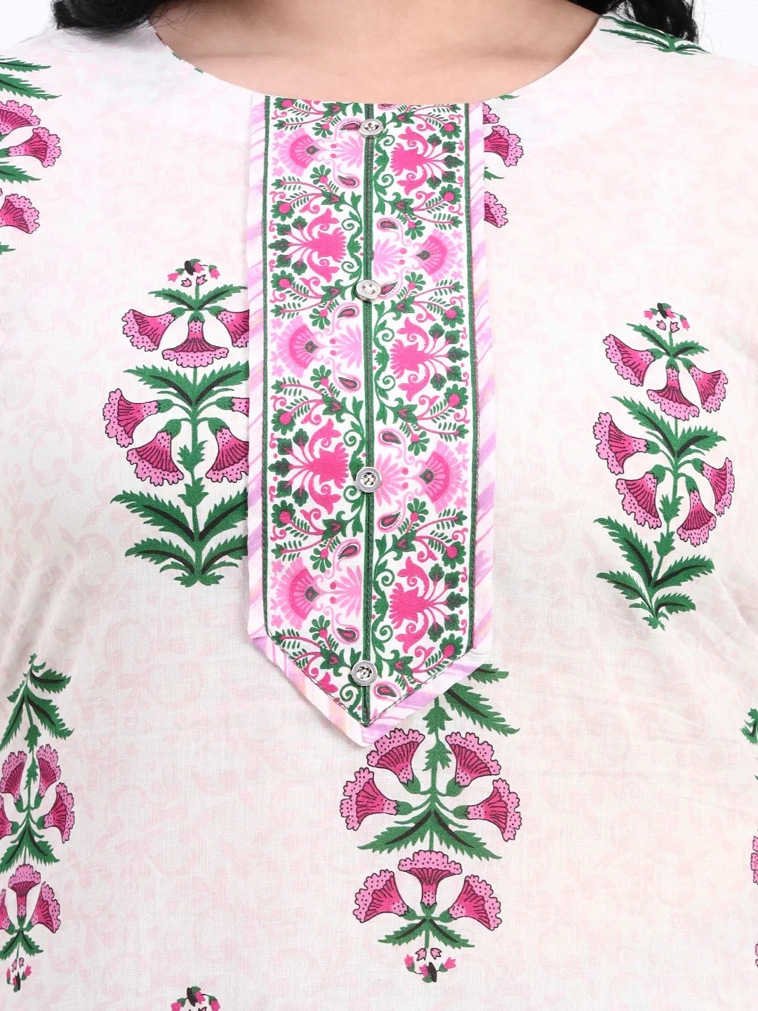 Pink And White Pure Cotton Floral Kurta Dupatta Set