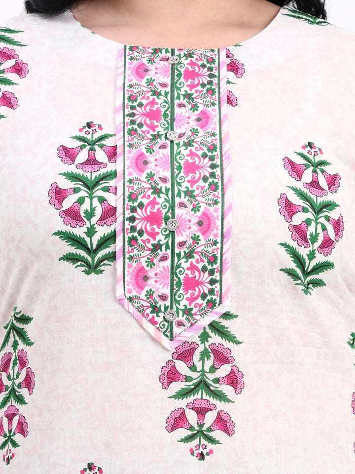 Pink And White Pure Cotton Floral Kurta Dupatta Set