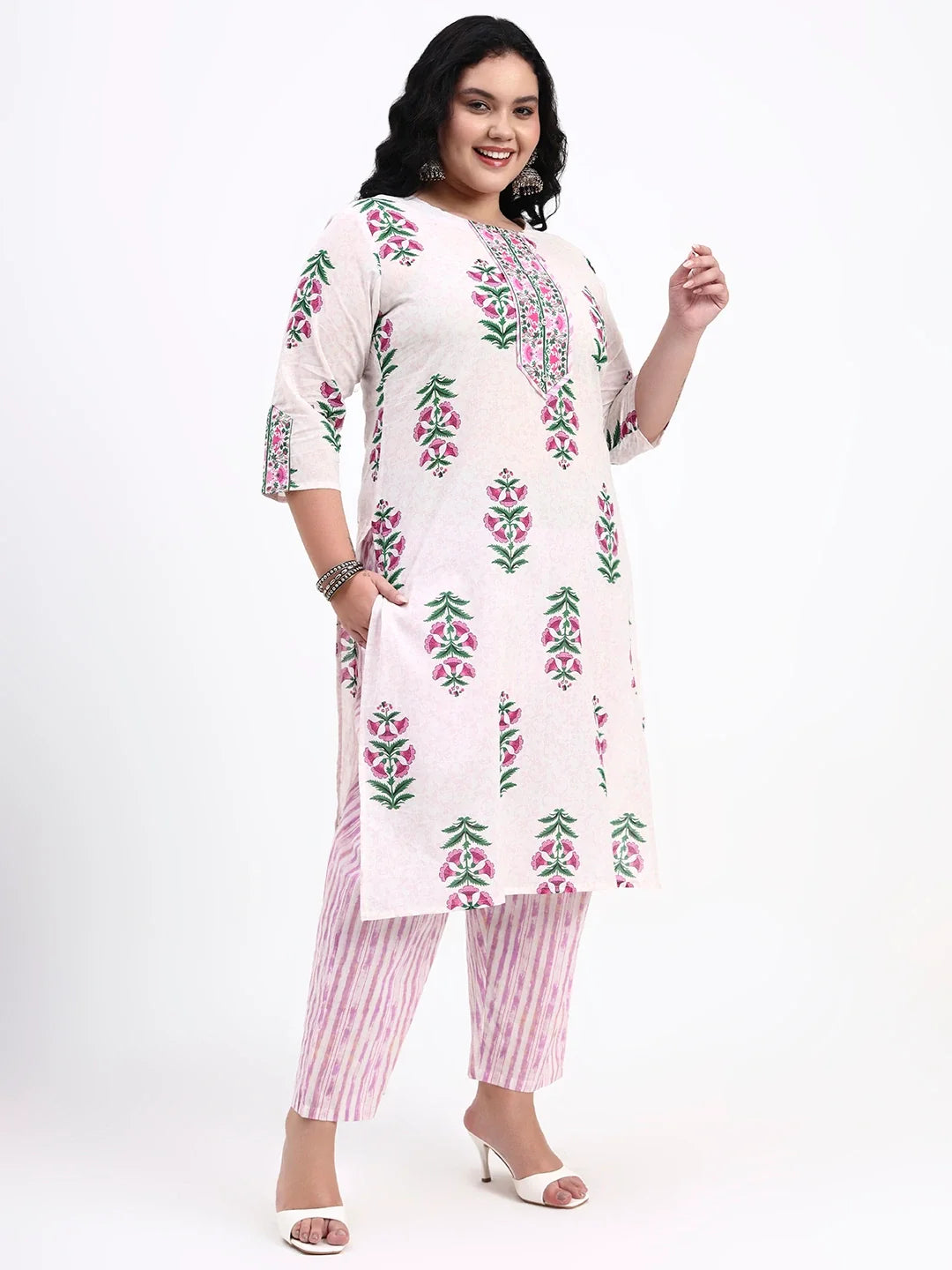 Pink And White Pure Cotton Floral Kurta Dupatta Set