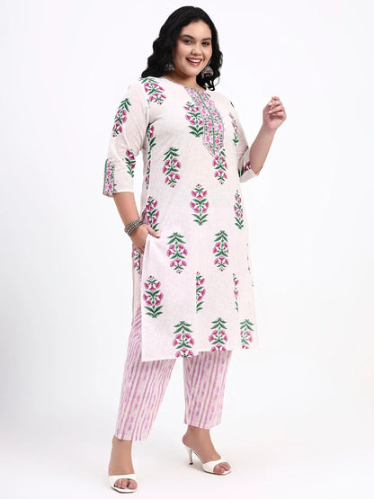 Pink And White Pure Cotton Floral Kurta Dupatta Set