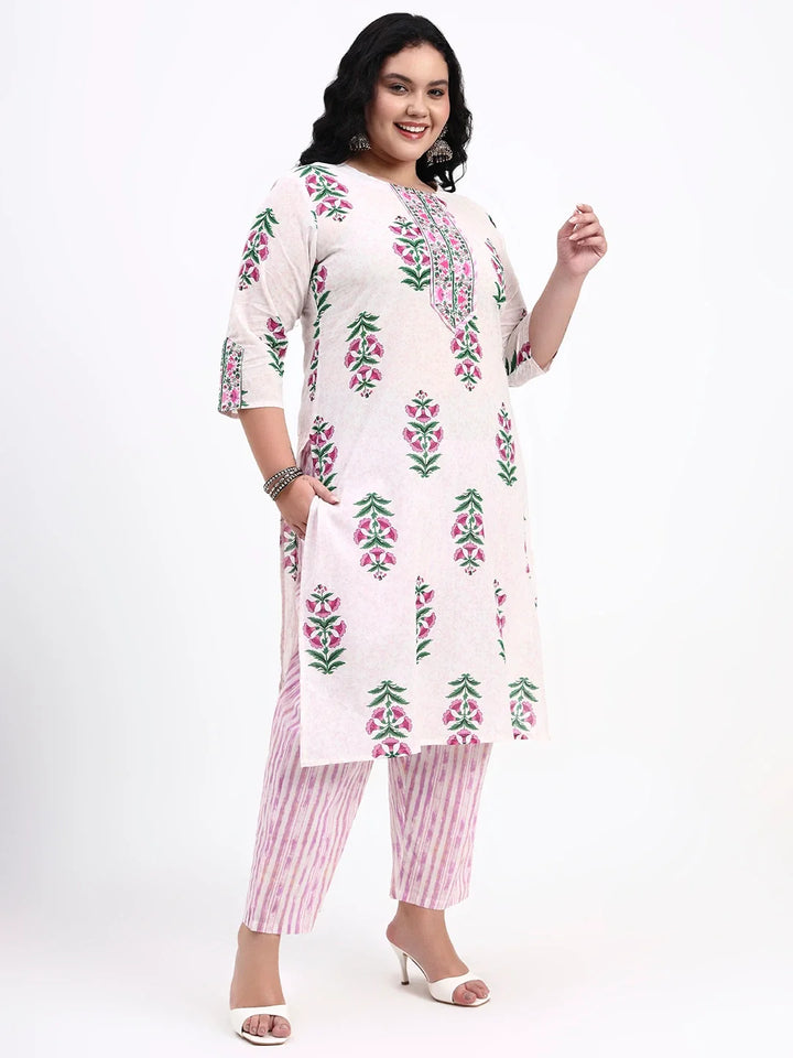 Pink And White Pure Cotton Floral Kurta Dupatta Set