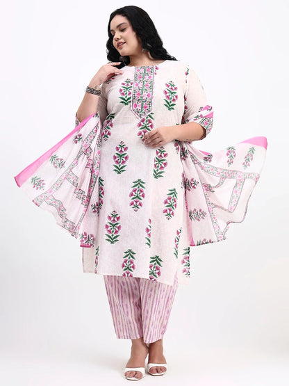 Pink And White Pure Cotton Floral Kurta Dupatta Set