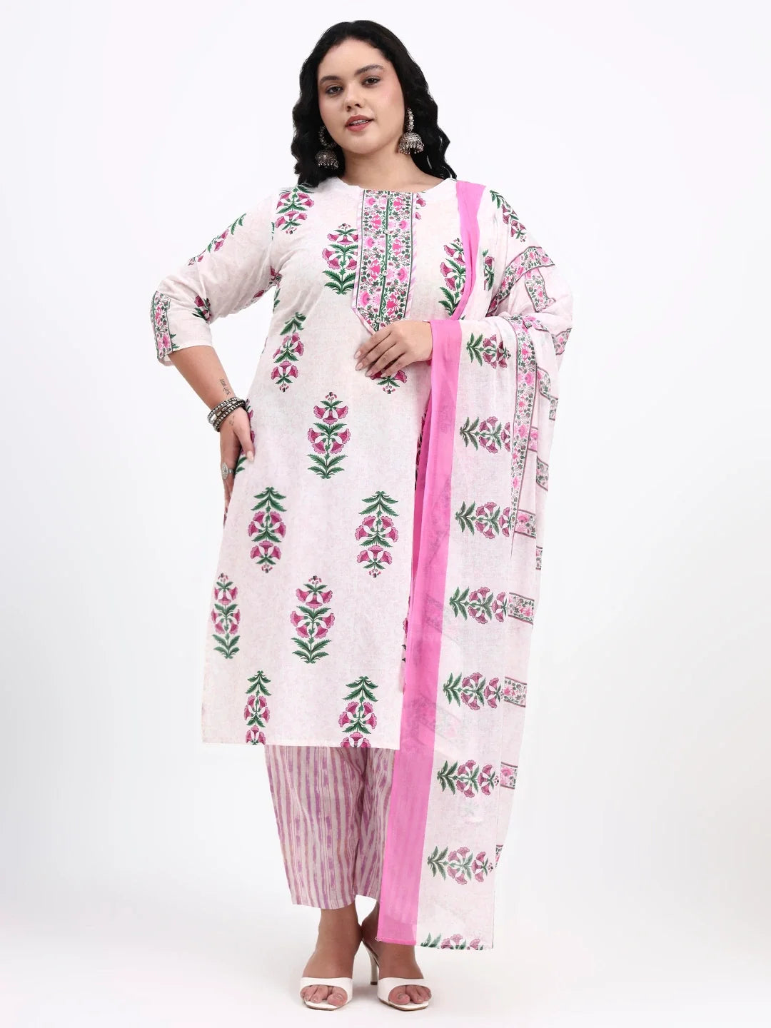 Pink And White Pure Cotton Floral Kurta Dupatta Set