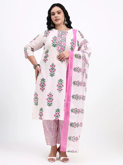 Pink And White Pure Cotton Floral Kurta Dupatta Set