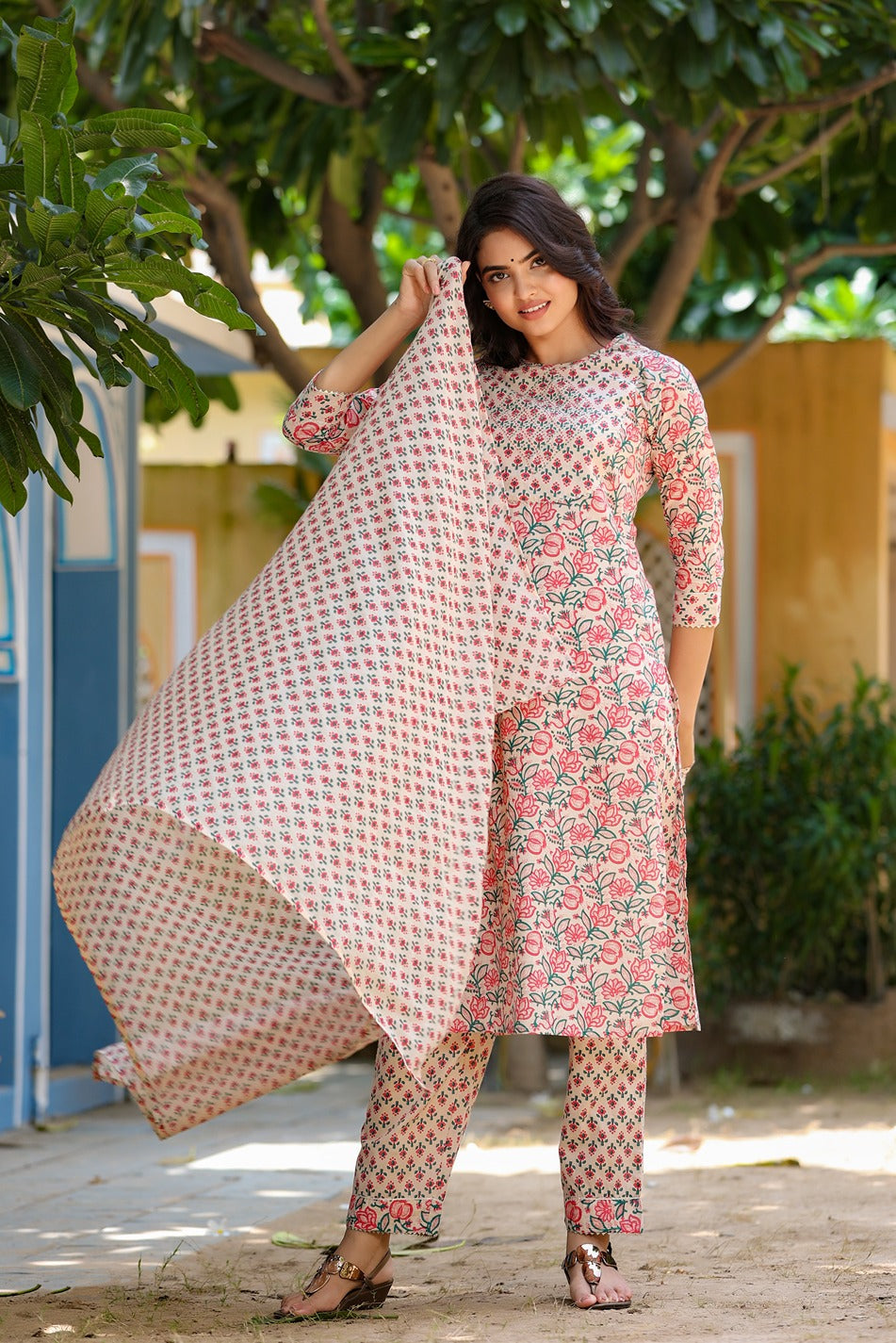 Pink &amp; Beige Hand Block Printed Dupatta Set
