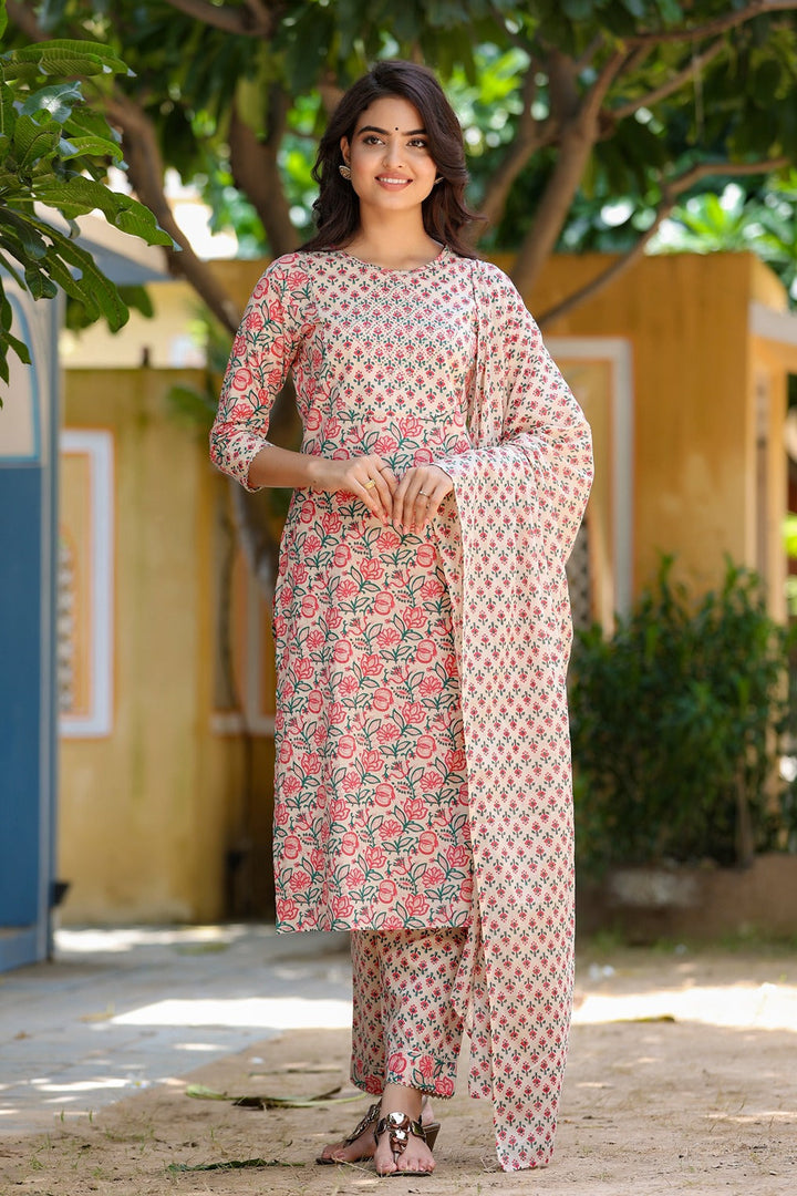 Pink &amp; Beige Hand Block Printed Dupatta Set