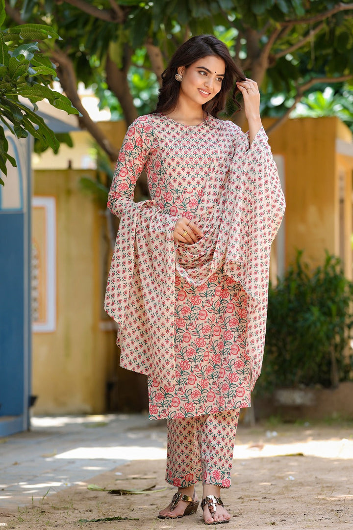 Pink &amp; Beige Hand Block Printed Dupatta Set