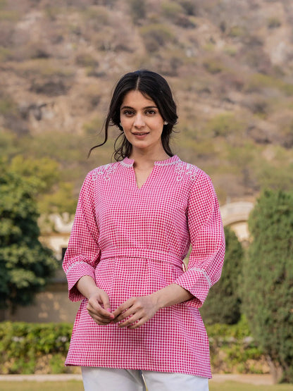 Pink Cotton Checks Embroidery Top