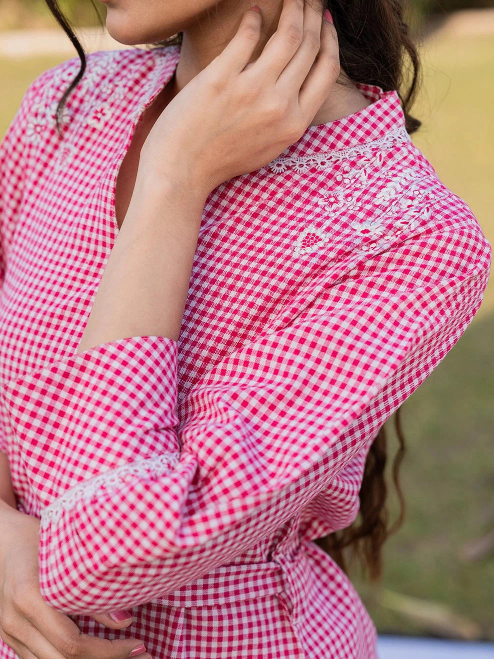 Pink Cotton Checks Embroidery Top
