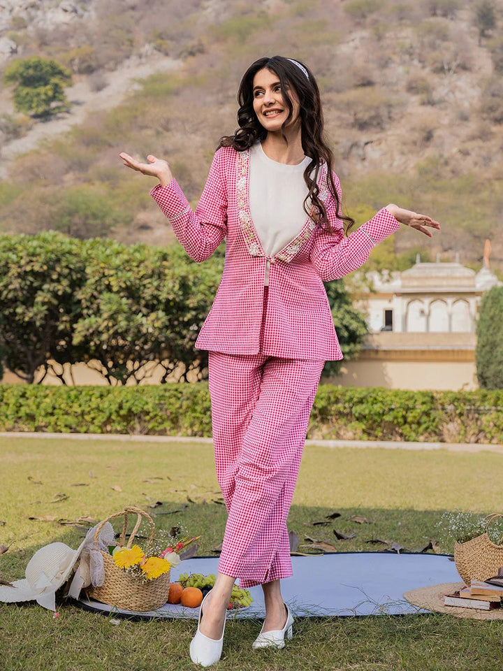 Pink Cotton Checks Print Shawl Neck Co Ord Set With Embroidery