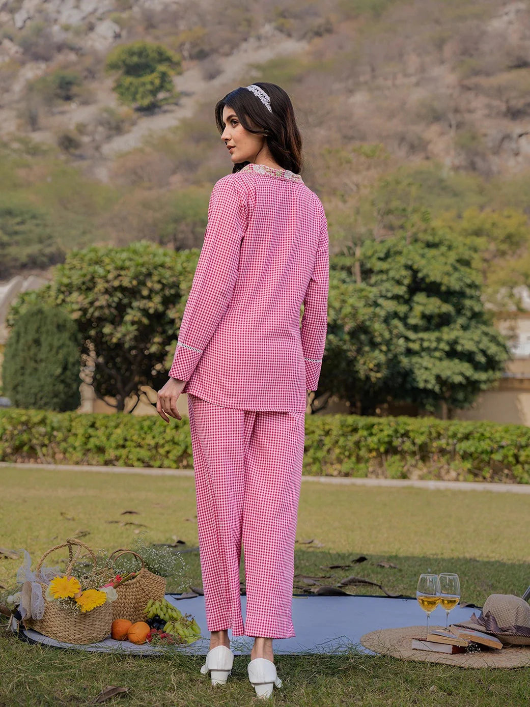 Pink Cotton Checks Print Shawl Neck Co Ord Set With Embroidery