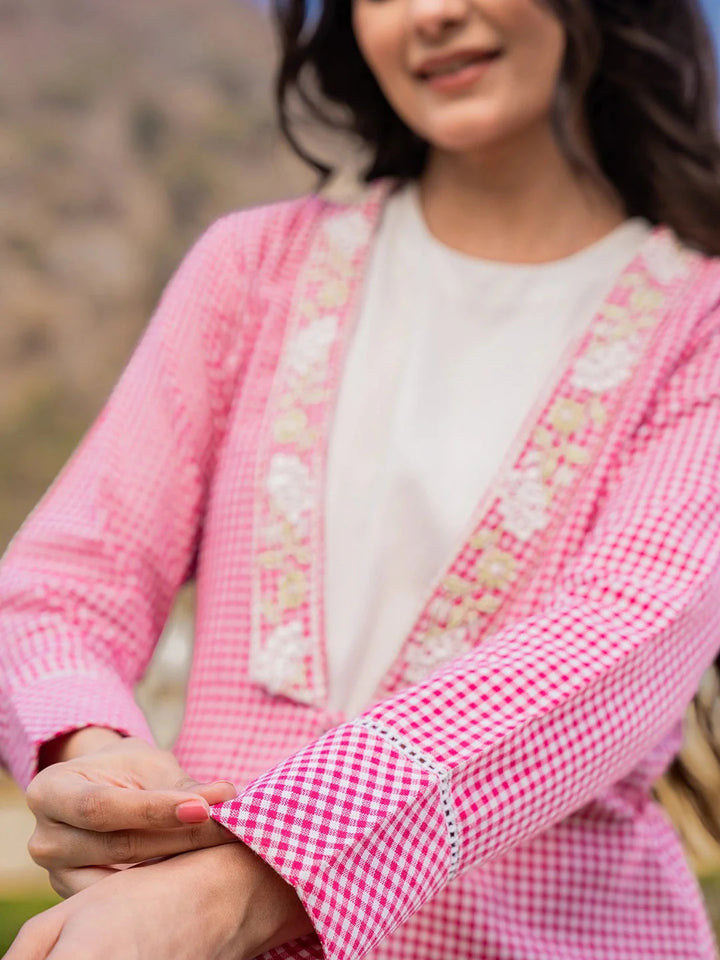 Pink Cotton Checks Print Shawl Neck Co Ord Set With Embroidery