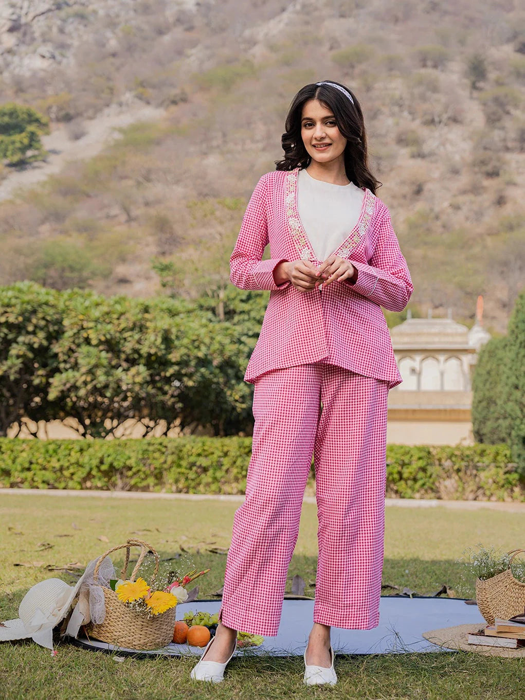 Pink Cotton Checks Print Shawl Neck Co Ord Set With Embroidery