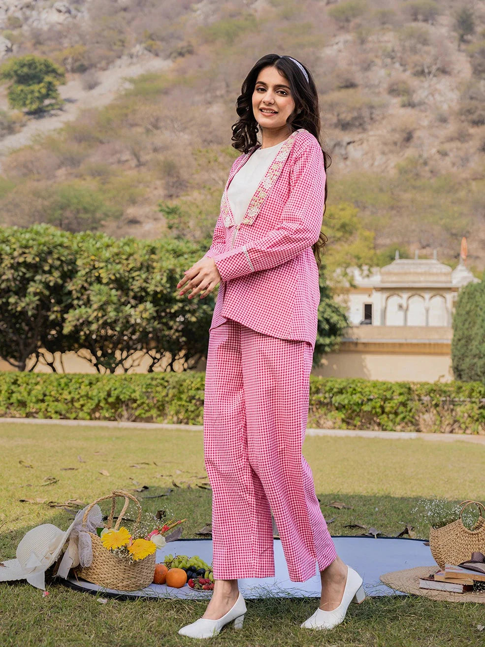 Pink Cotton Checks Print Shawl Neck Co Ord Set With Embroidery