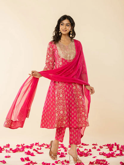 Pink Cotton Embroidered Anarkali Kurta Dupatta Set