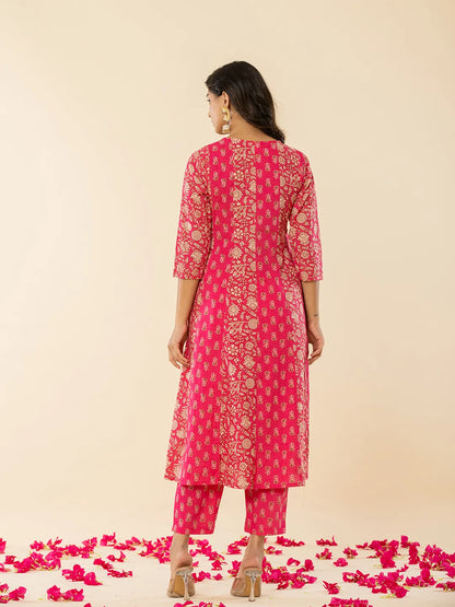 Pink Cotton Embroidered Anarkali Kurta Dupatta Set