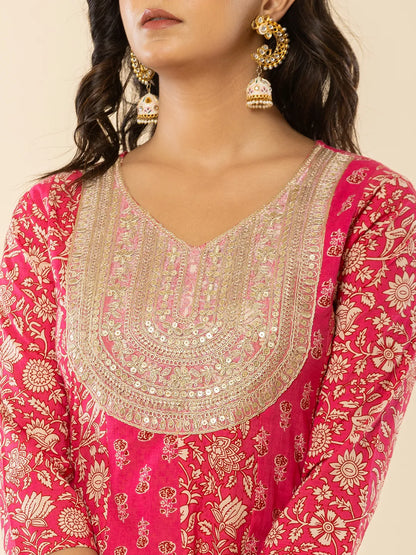 Pink Cotton Embroidered Anarkali Kurta Dupatta Set