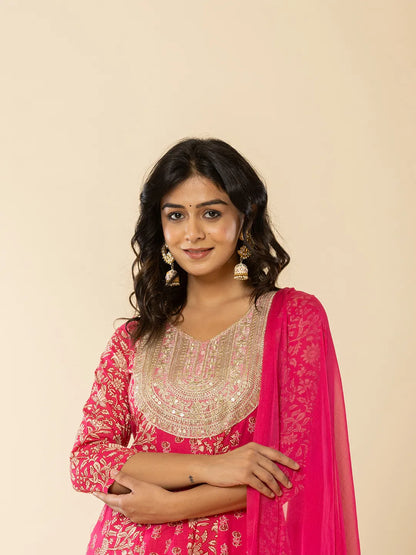 Pink Cotton Embroidered Anarkali Kurta Dupatta Set