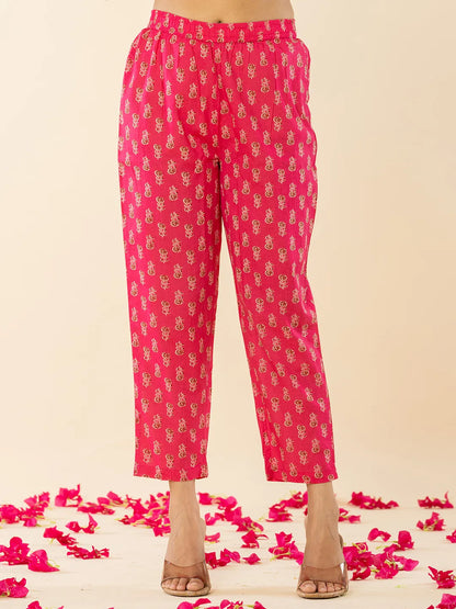 Pink Cotton Embroidered Anarkali Kurta Dupatta Set