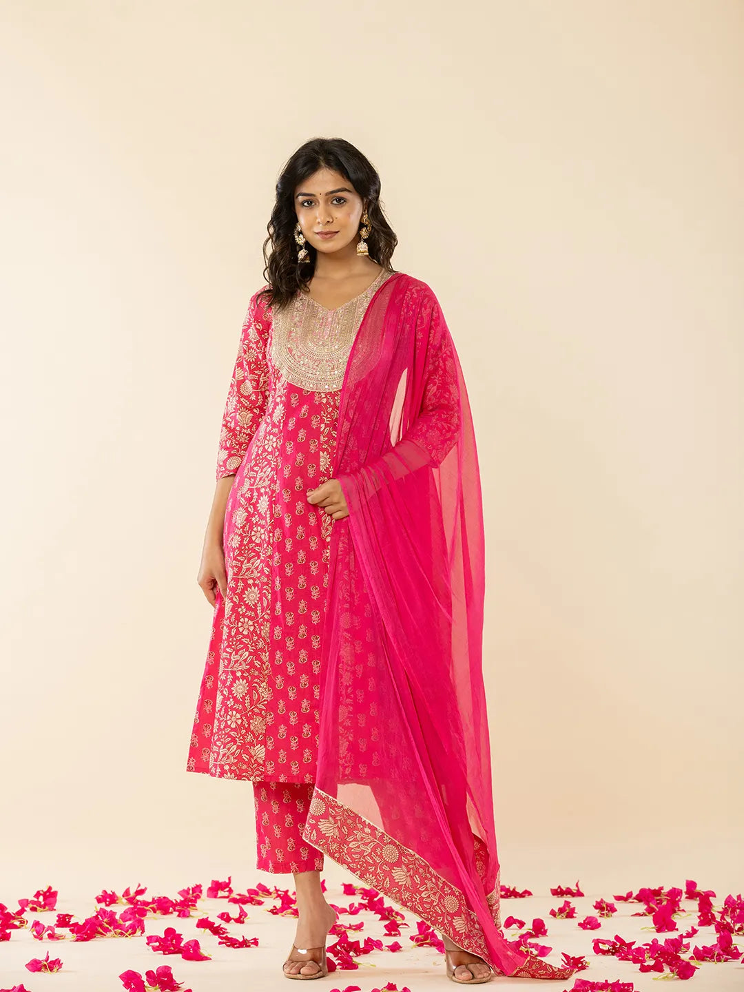 Pink Cotton Embroidered Anarkali Kurta Dupatta Set