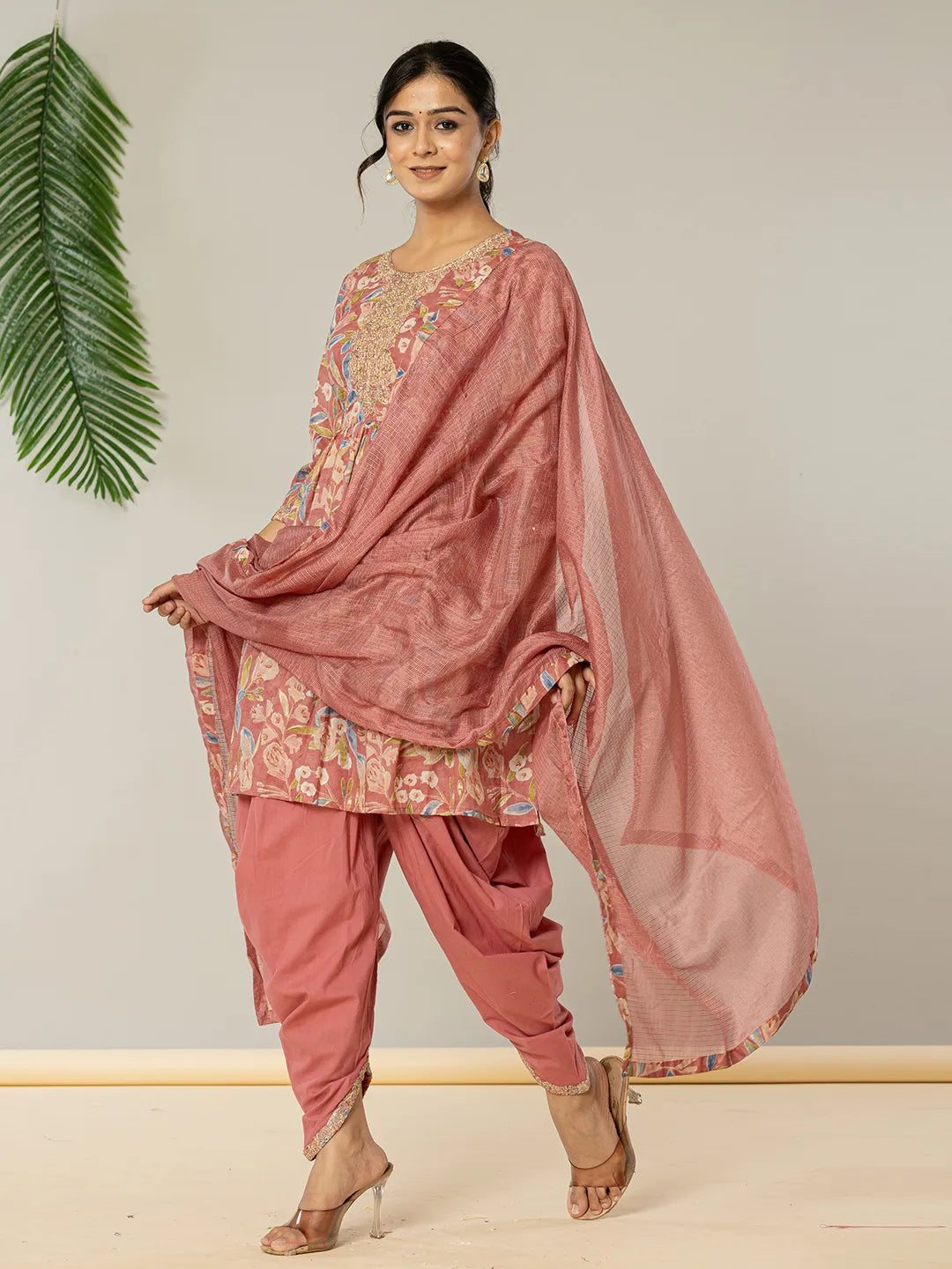 Pink Cotton Embroidery A Line Kurta Dupatta Set