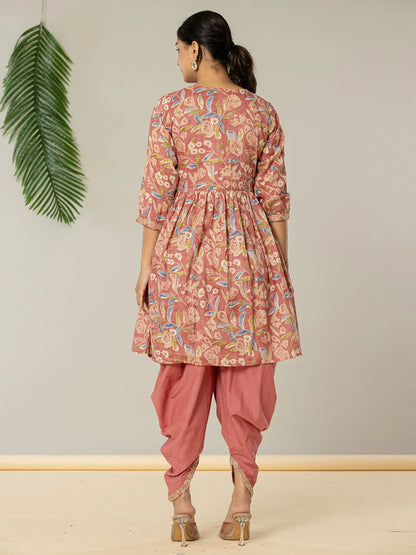 Pink Cotton Embroidery A Line Kurta Dupatta Set