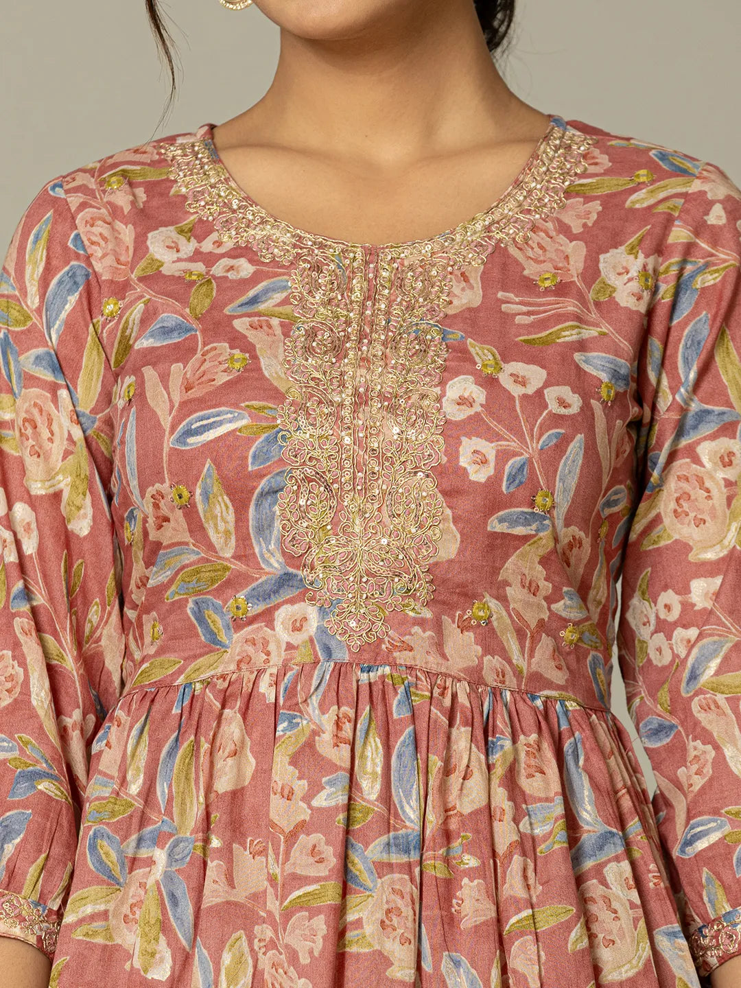 Pink Cotton Embroidery A Line Kurta Dupatta Set