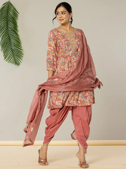 Pink Cotton Embroidery A Line Kurta Dupatta Set