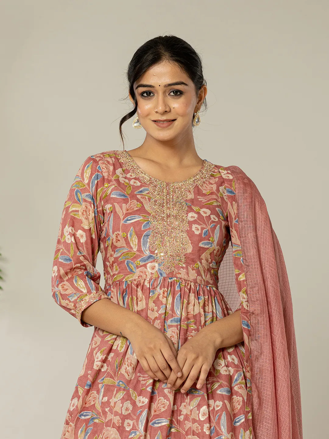 Pink Cotton Embroidery A Line Kurta Dupatta Set