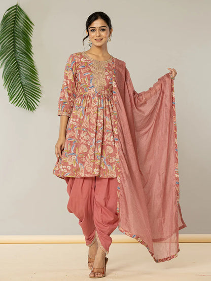 Pink Cotton Embroidery A Line Kurta Dupatta Set