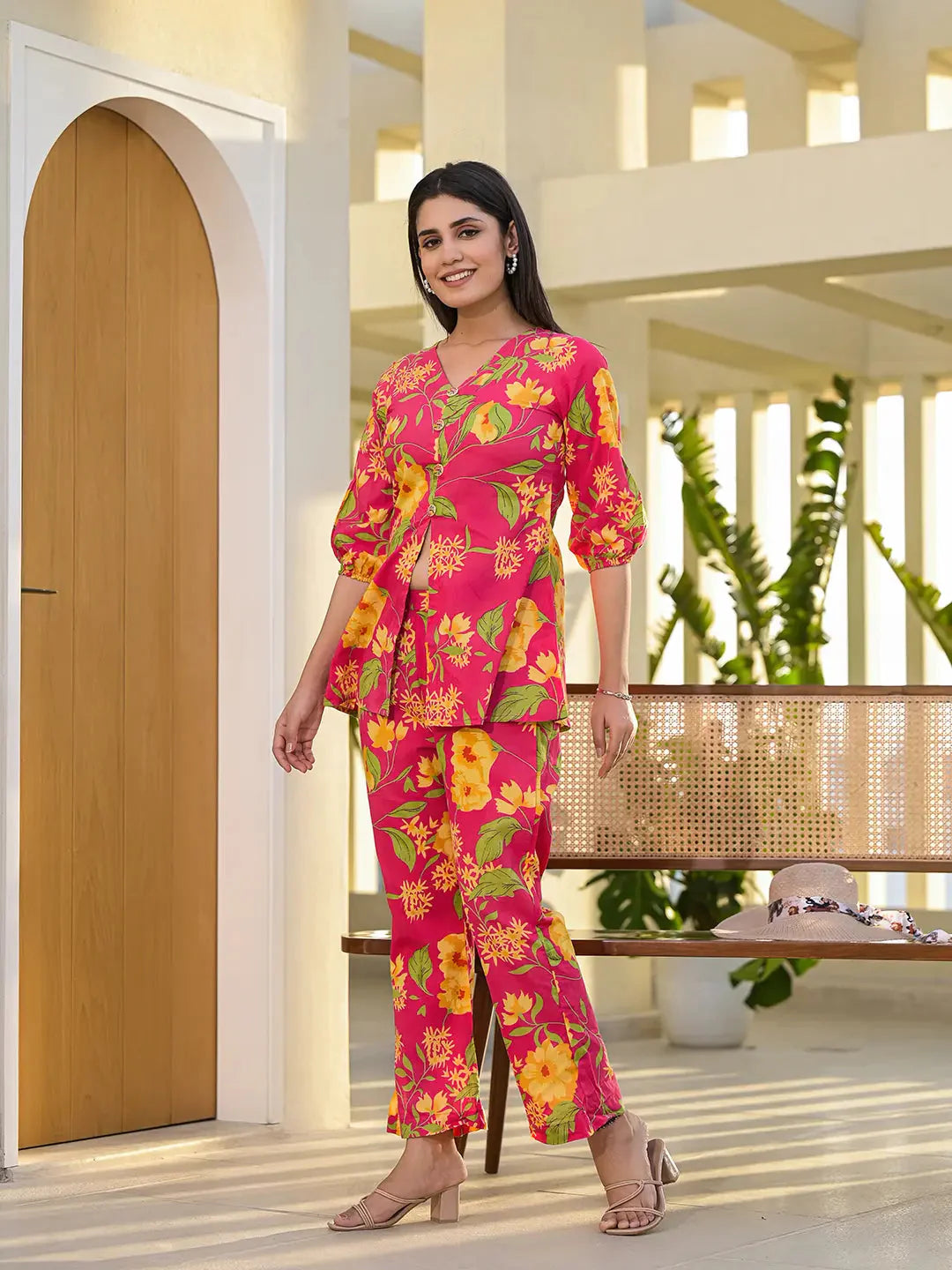 Pink Cotton Ethnic Motifs Print Co Ord Set