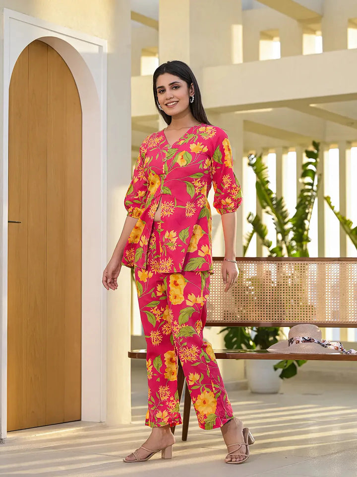 Pink Cotton Ethnic Motifs Print Co Ord Set