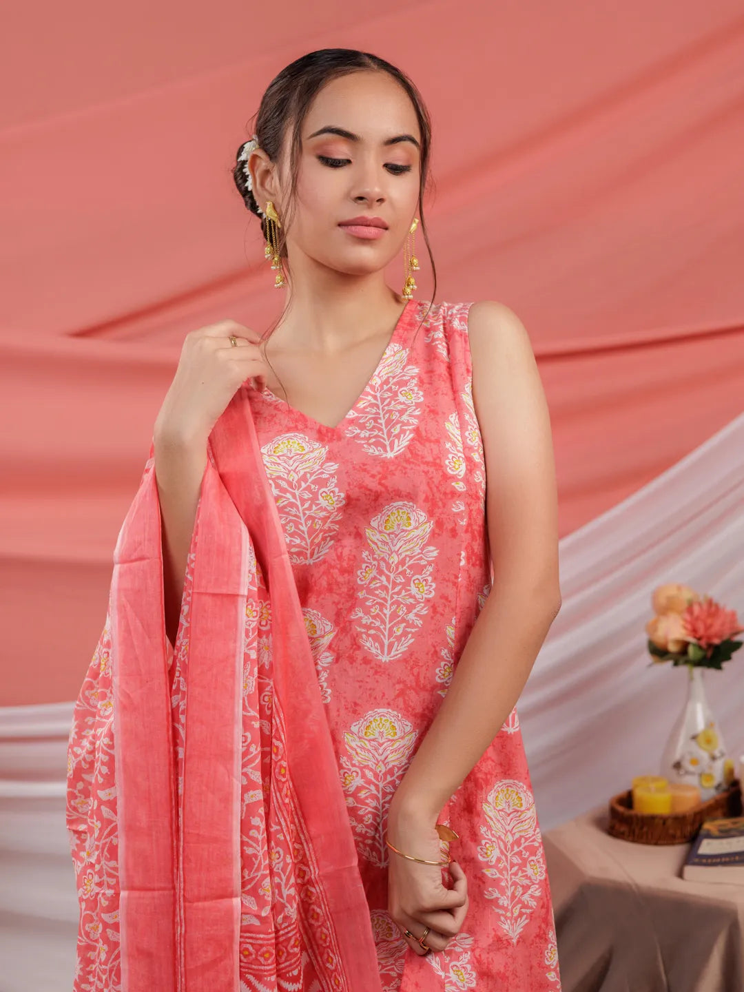 Pink Cotton Floral Print Cotton A Line Kurta Dupatta Set